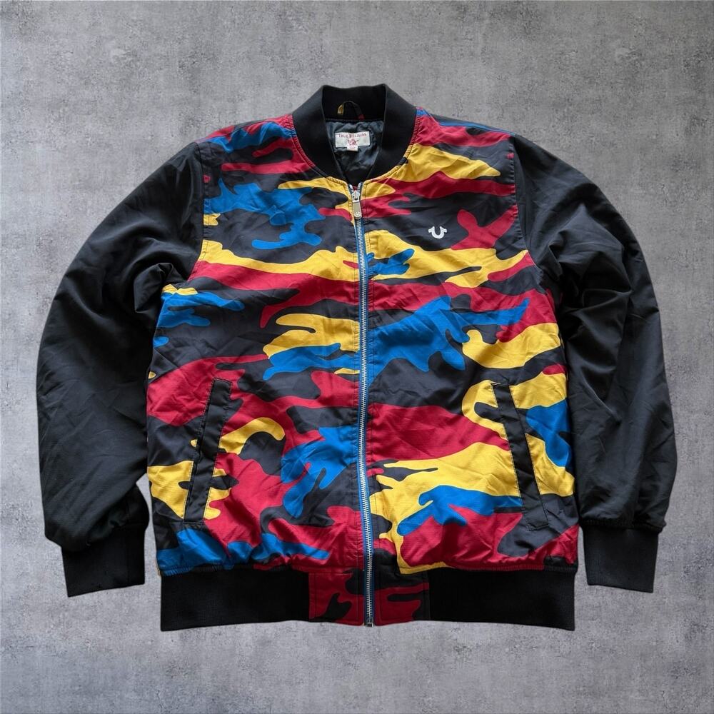 True Religion Camo Block Bomber Jacket Mens M Multicolor Primary Color Quilted